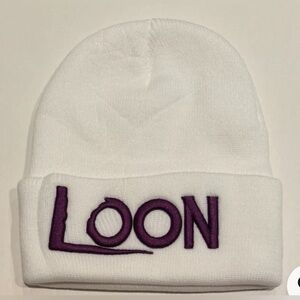Loon White Knit Beanie Embroidered w/ Purple Stitching Hat Cap Funny